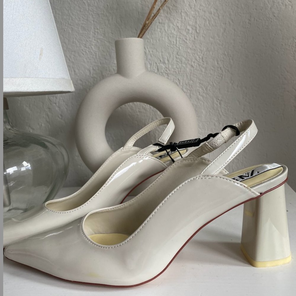 Zara block heel ecru slingback heels NEW